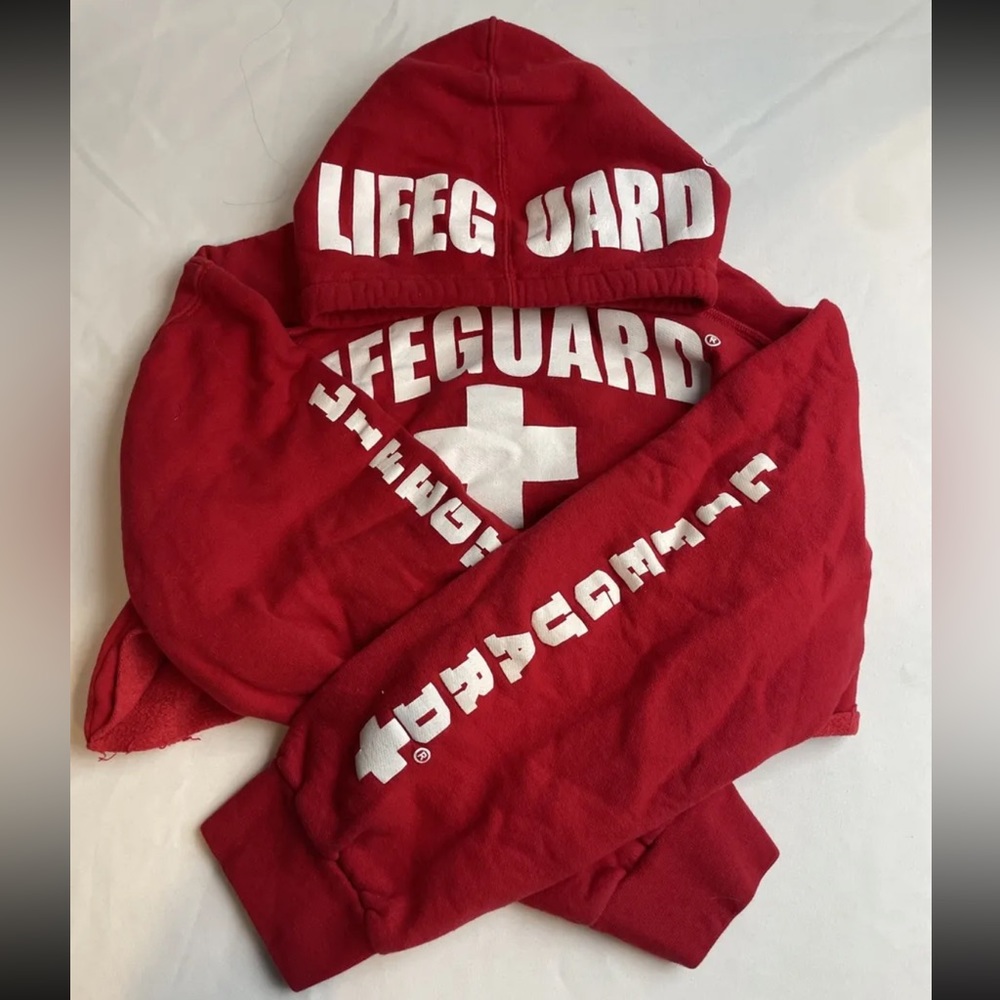 Red Cropped Lifeguard Pentwater MI Sweatshirt with Hood and Drawstring Size S